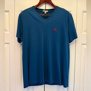 Burberry Teal V-Neck Short Sleeve Tee with Red Emblem